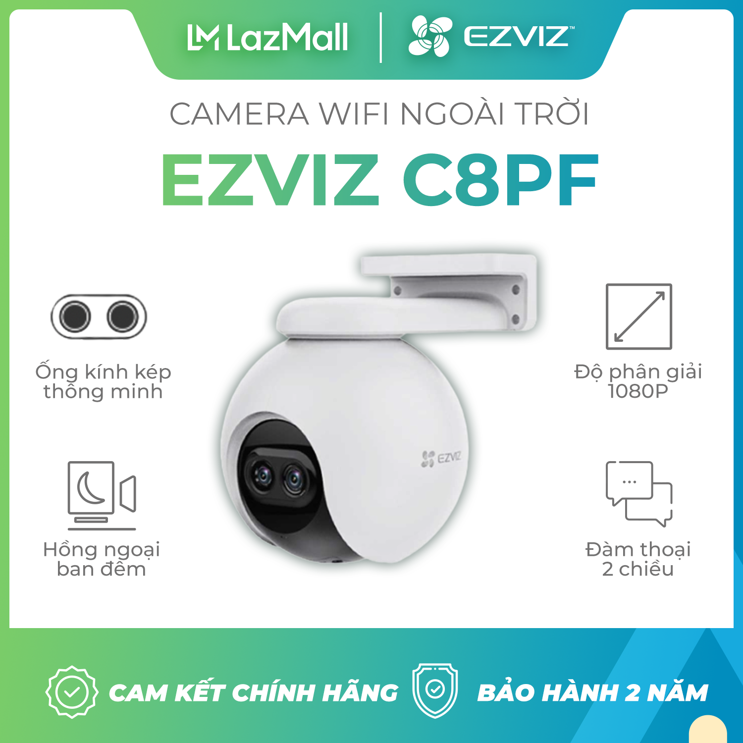 Camera ngoài trời Ezviz C8PF, camera wifi ống kính kép 2MP, công nghệ AI, chuẩn nén H265, đàm thoại hai chiều, chống nước IP65 - Bảo hành 24 tháng
