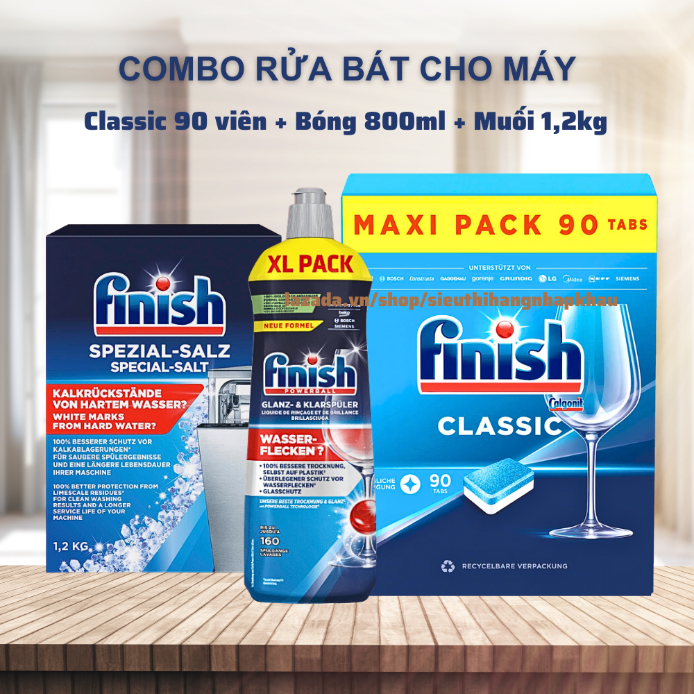 Combo rửa bát Finish Hộp 90 viên + Nước làm bóng Finish 800ml + Muối Finish 1,2kg - Chính Hãng dùng cho máy rửa bát