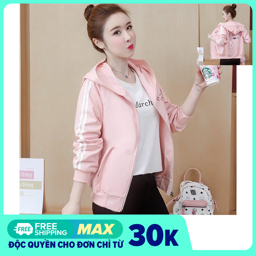Áo khoác nữ đẹp lung linh, áo khoác in mèo màu hồng có tai, áo khoác dù nữ hot trend