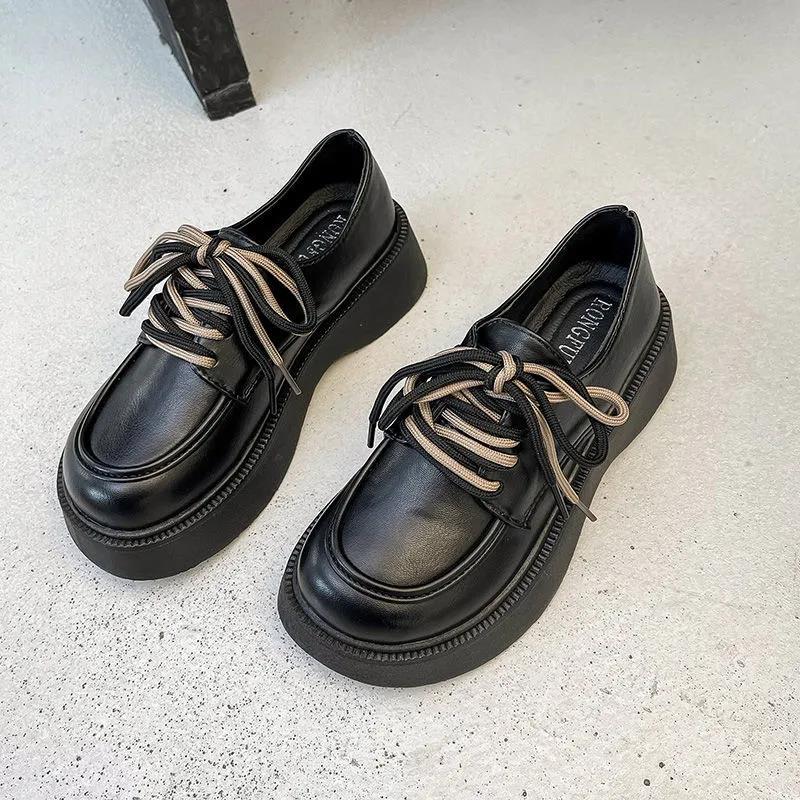 NEBULA STORE Giày da nữ nhỏ phong cách Hàn Quốc, giày lười đế dày mũi tròn, buộc dây phía trước, giày da nữ màu khâu, giày Mary Jane