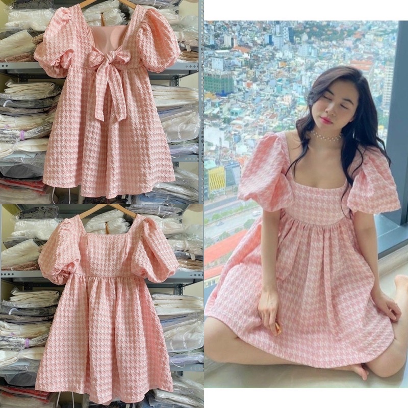Đầm babydoll gấm xốp cổ vuông thắt nơ có mút ngực