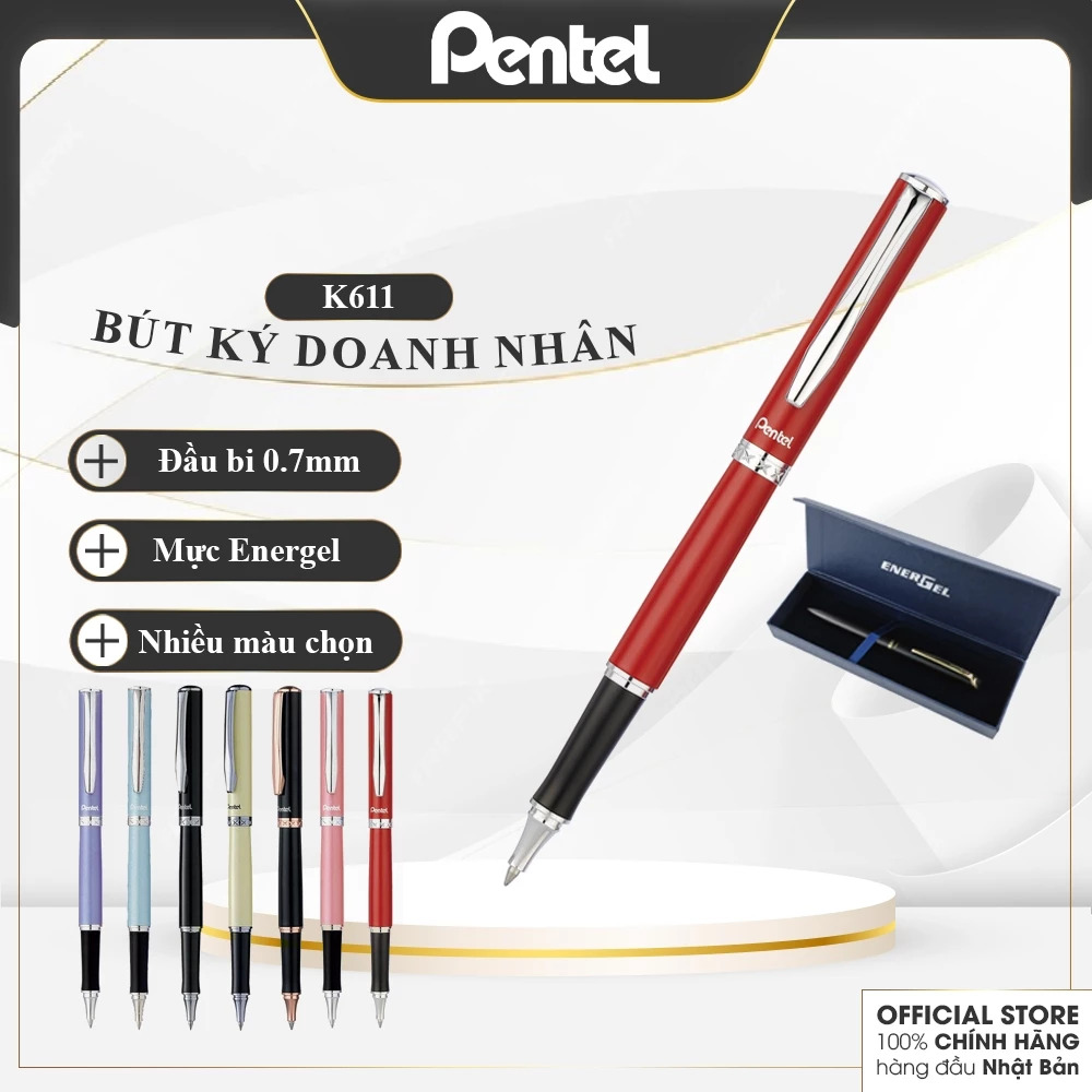 Bút Ký Doanh Nhân Cao Cấp Mạ Vàng Nắp Đậy Mực Gel Energel Pentel Nhật Bản K611 Ngòi 0.7mm, Mực Xanh - Có Ruột Thay Thế, Bán Kèm Hộp Quà Tặng