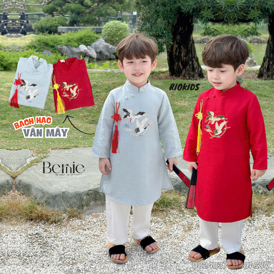 AD44 Bộ áo dài Tết Bạch Hạc BERNIE, áo dài truyền thống quần kaki cho bé trai