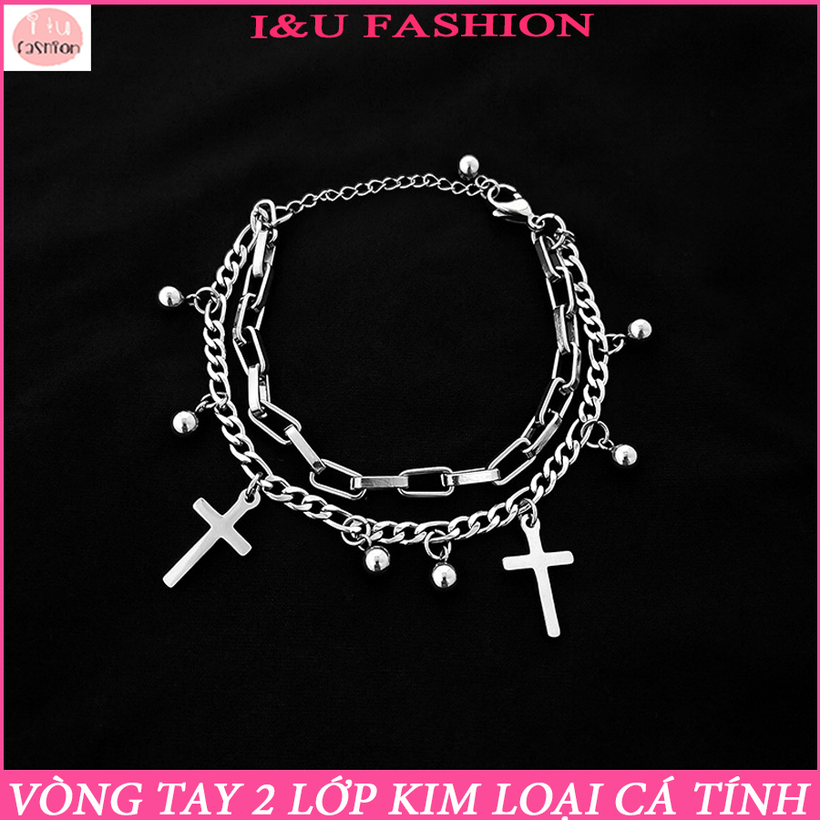 Vòng tay lắc tay UNISEX Nam Nữ 2 lớp gắn chữ thập và viên bi tròn cá tính chất liệu kim loại màu Bạc sáng thời trang VT-32