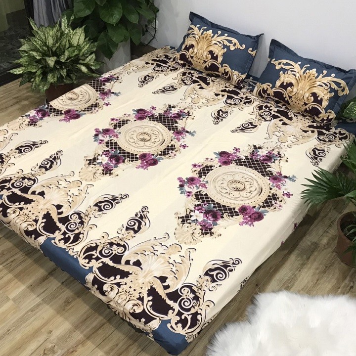 Bộ ga và 2 vỏ gối Cotton Poly Mẫu HOÀNG GIA TRẮNG