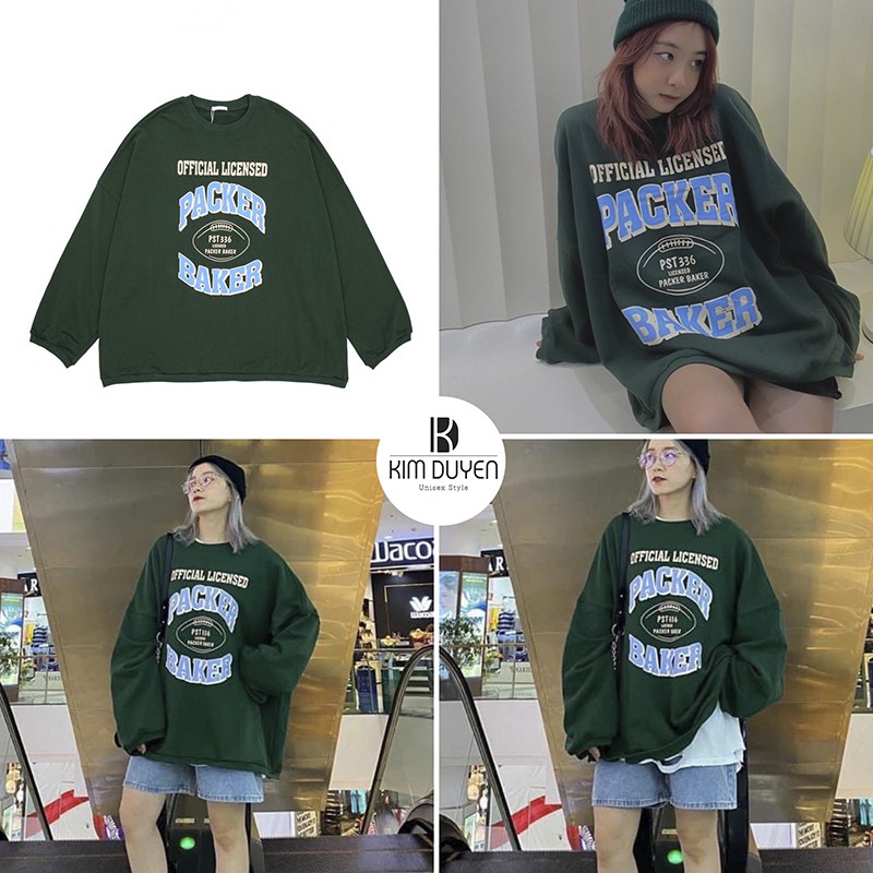 Áo sweater xanh rêu packer chất nỉ ngoại dày dặn áo sweater tay bồng form rộng unisex
