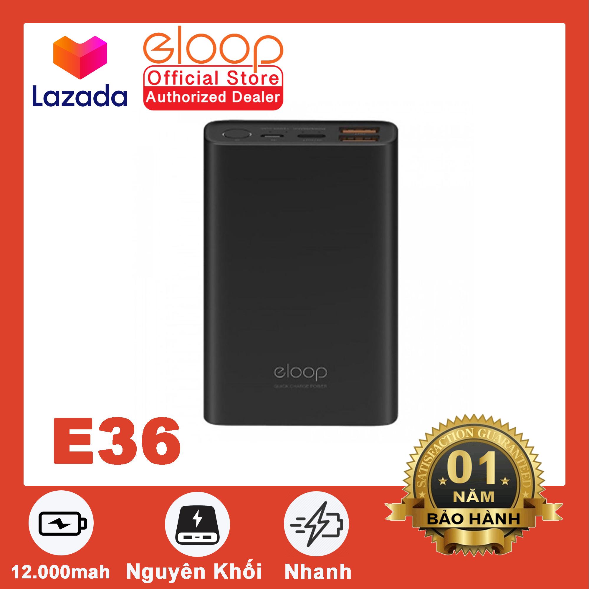 Pin Sạc Dự Phòng ELOOP E36 12.000mAh Vỏ Nhôm Nguyên Khối - Hãng Phân Phối Chính Thức