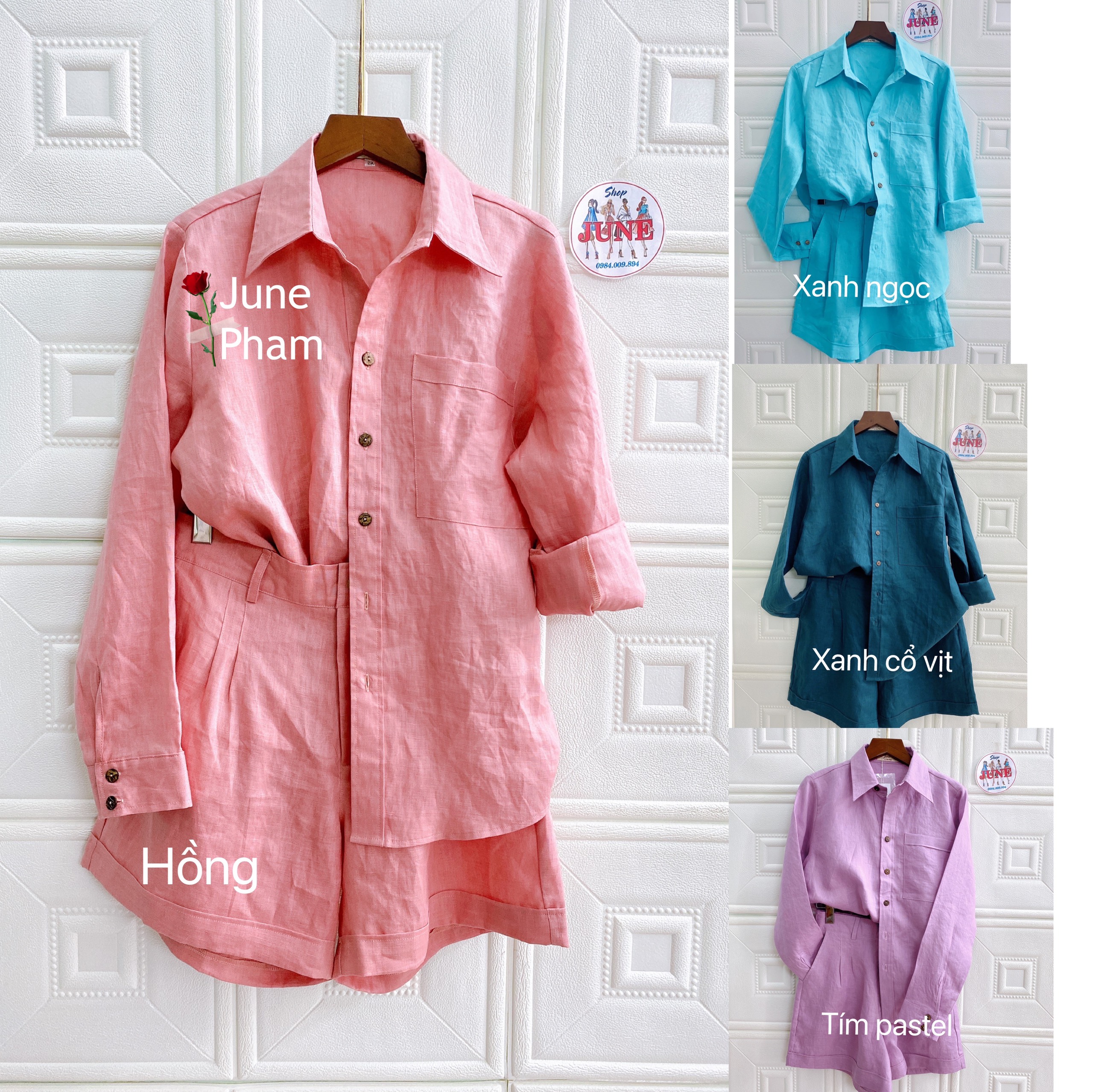 Set linen tưng premium áo sơ mi tay dài + short. có bigsize 14 màu. s08