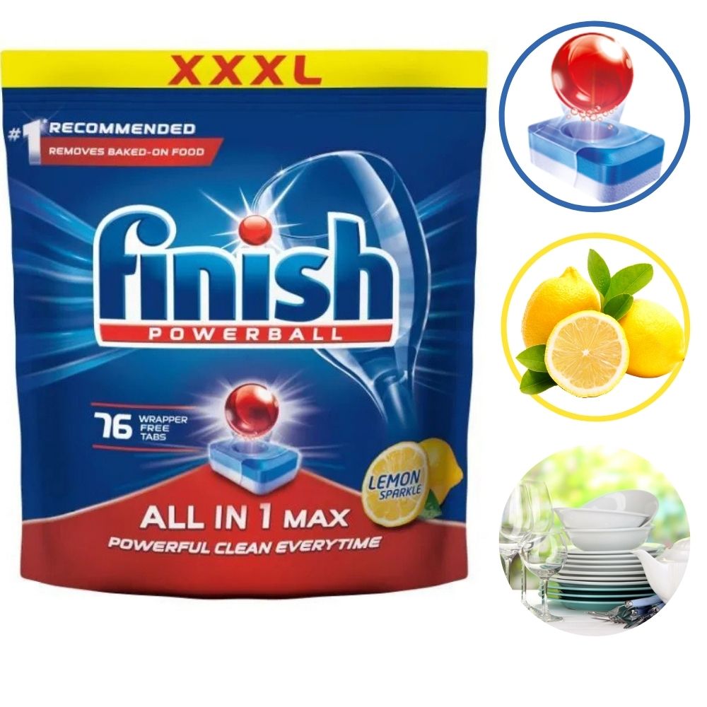 Viên rửa chén Finish All In 1 Max Dishwasher Tablets Lemon Sparkle.Dạng nén.diệt khuẩn,làm bóng.dụng cụ nhà bếp.giúp chén bát luôn sạch và thơm mát. HƯƠNG CHANH