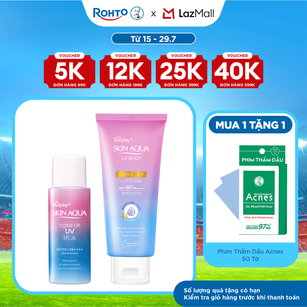 [VB] Bộ đôi chống nắng - nâng tông toàn diện cho mặt và cơ thể Sunplay Skin Aqua Tone Up (Kem chống nắng dạng sữa cho da dầu, da hỗn hợp 50g + Lotion chống nắng nâng tông 130g)