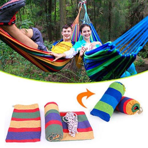 Võng vải du lịch hai lớp kẻ sọc 7 màu kèm túi vải