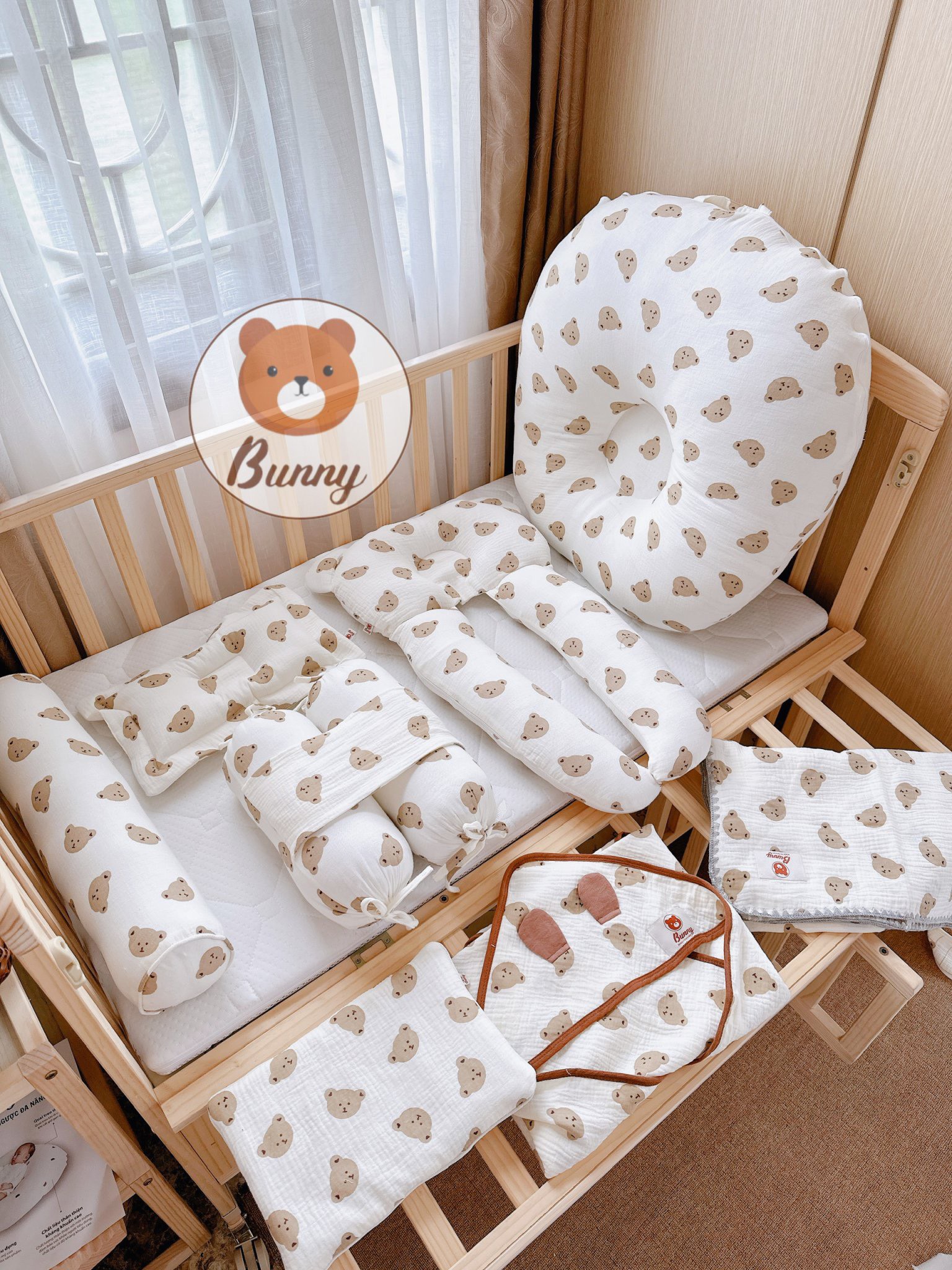 Combo Chăn Gối sơ sinh cho bé trai, bé gái Bunny 7Món muslin cao cấp, Gối chống trào ngược,Chăn, Ủ choàng,Gối sơ sinh,Gối ôm, Gối chăn