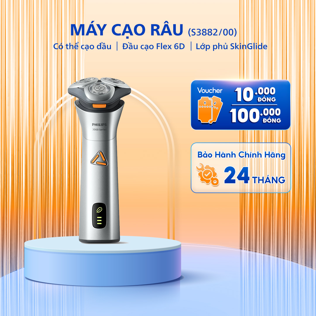 Máy Cạo Râu Khô Và Ướt PHILIPS S3882/00, Đầu Cạo Flex 6D, Lớp Phủ SkinGlide Bảo Hành Chính Hãng 24 Tháng