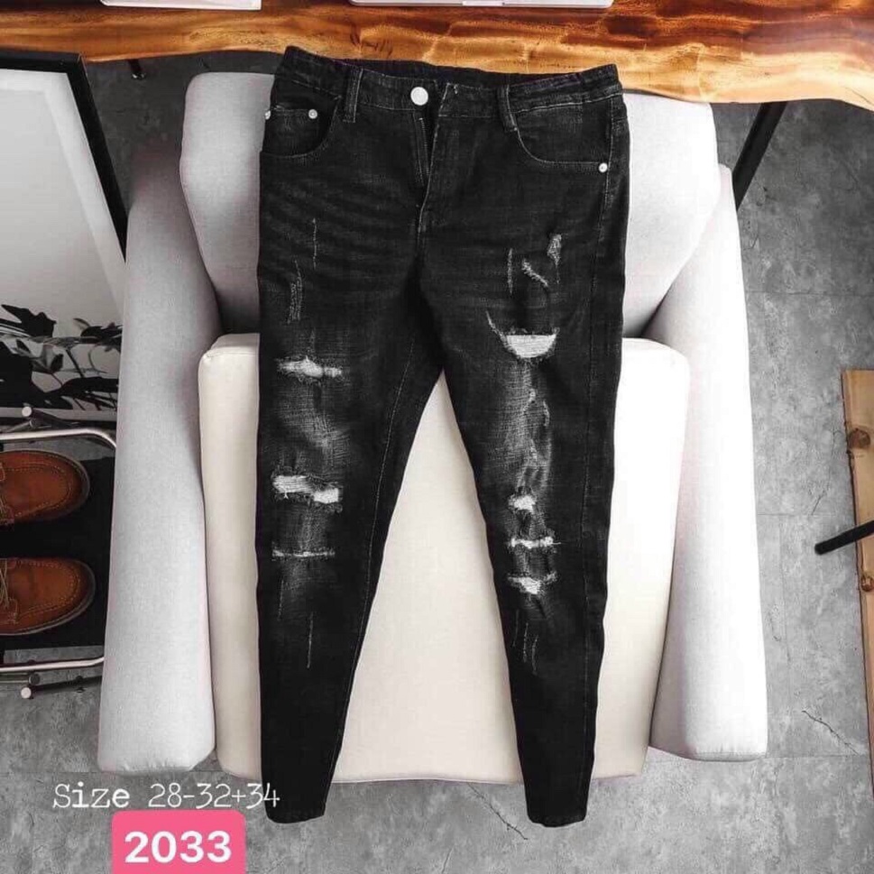 [Hoàn Tiền 15%] [HCM]Quần jeans nam màu đen rach gôi cực ngầu