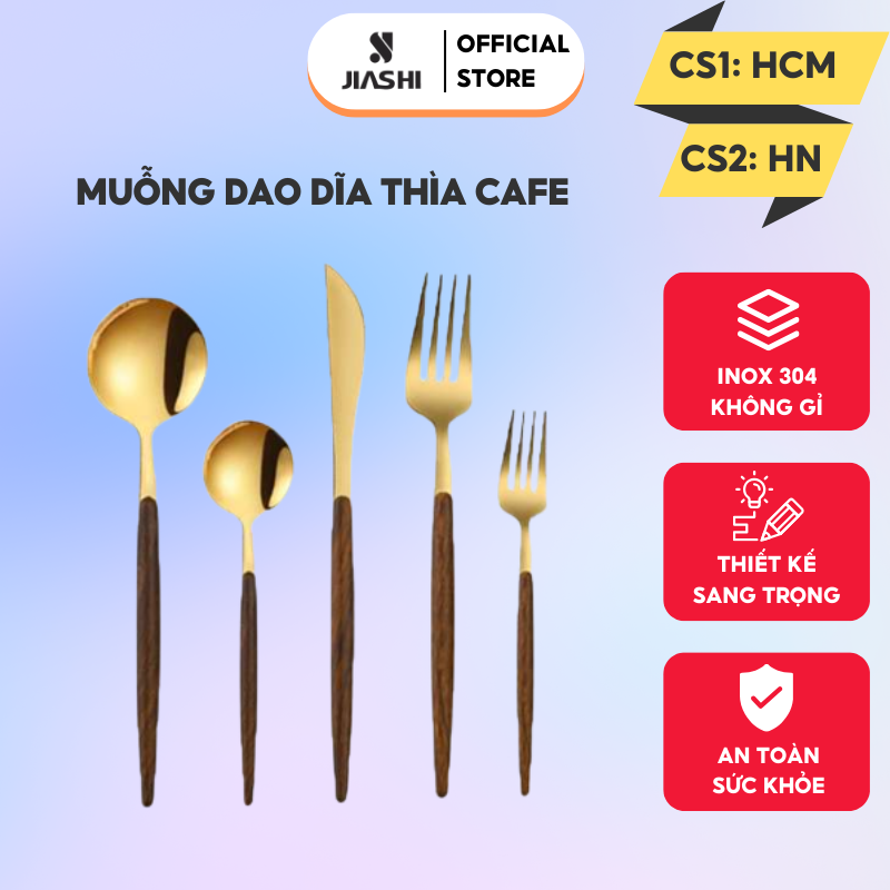 Muỗng Dao Dĩa Thìa Cafe Inox 304 cán bọc gỗ cao cấp sang trọng MDD02