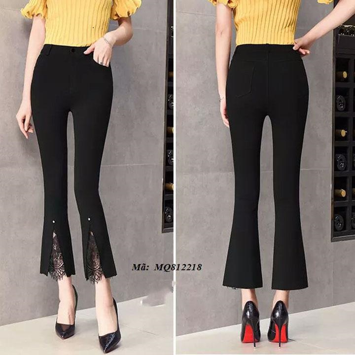 [HCM]Quần thun ống loe lưng cao xẻ lai đính ngọc phối ren