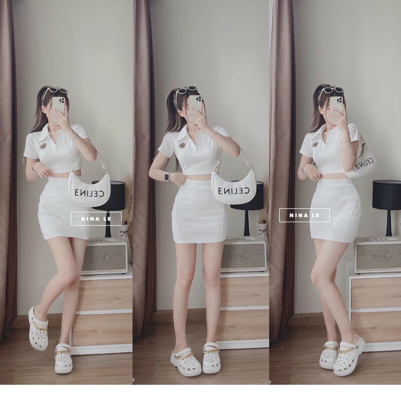 Set váy nữ thời trang , set áo cổ sơ mi ôm body thêu gấu mix chân váy ngắn màu trắng tinh khôi mặc rất dễ thương