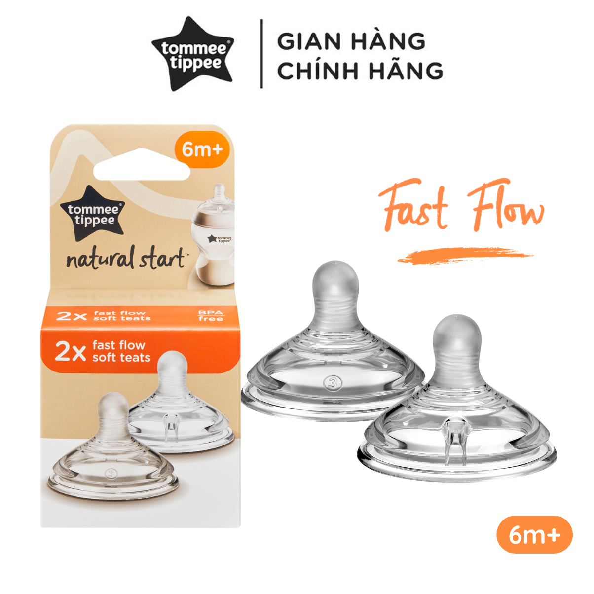 Núm ty silicon siêu mềm tự nhiên cho bé Tommee Tippee Natural Start Fast Flow từ 6 tháng