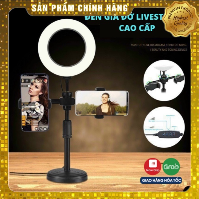 Đèn livestream để bàn kẹp 2 kẹp điện thoại
