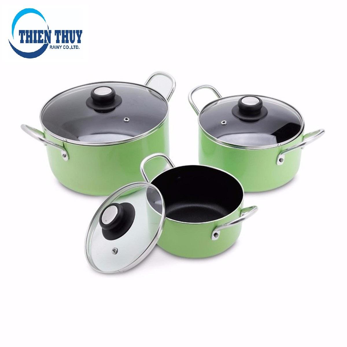 Bộ 3 nồi nhôm chống dính Rainy nắp kính xanh lá