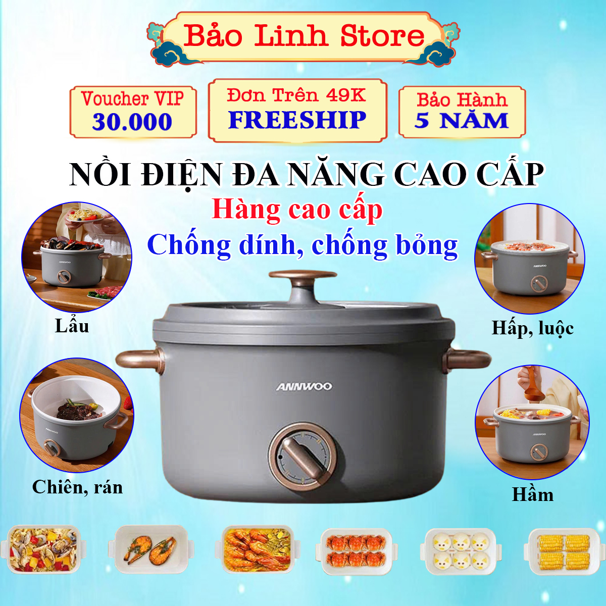Nồi lẩu đa năng nấu mỳ, cháo, lẩu ANNWOO 2.5 lít, nồi nấu cháo ăn dặm cho bé, nồi lẩu điện, nồi nấu canh, nồi nấu mì điện mini, nồi rán, chiên, xào, hấp nồi điện mini đa năng chống dính cao cấp