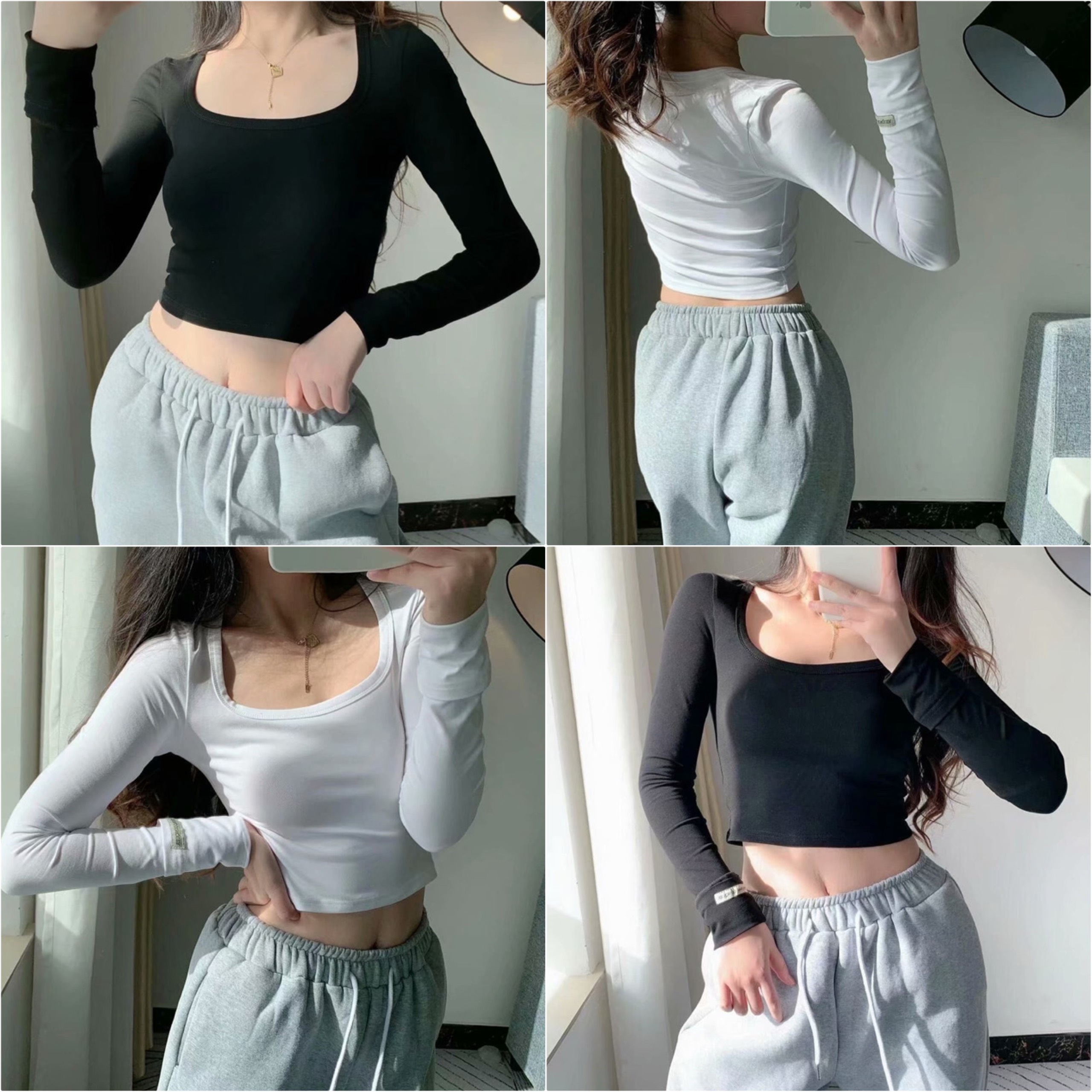 Áo croptop body dài tay KA Closet 2 màu Đen Trắng, chất thun gân co dãn tốt, ôm body tôn dáng dễ mặc, trẻ trung