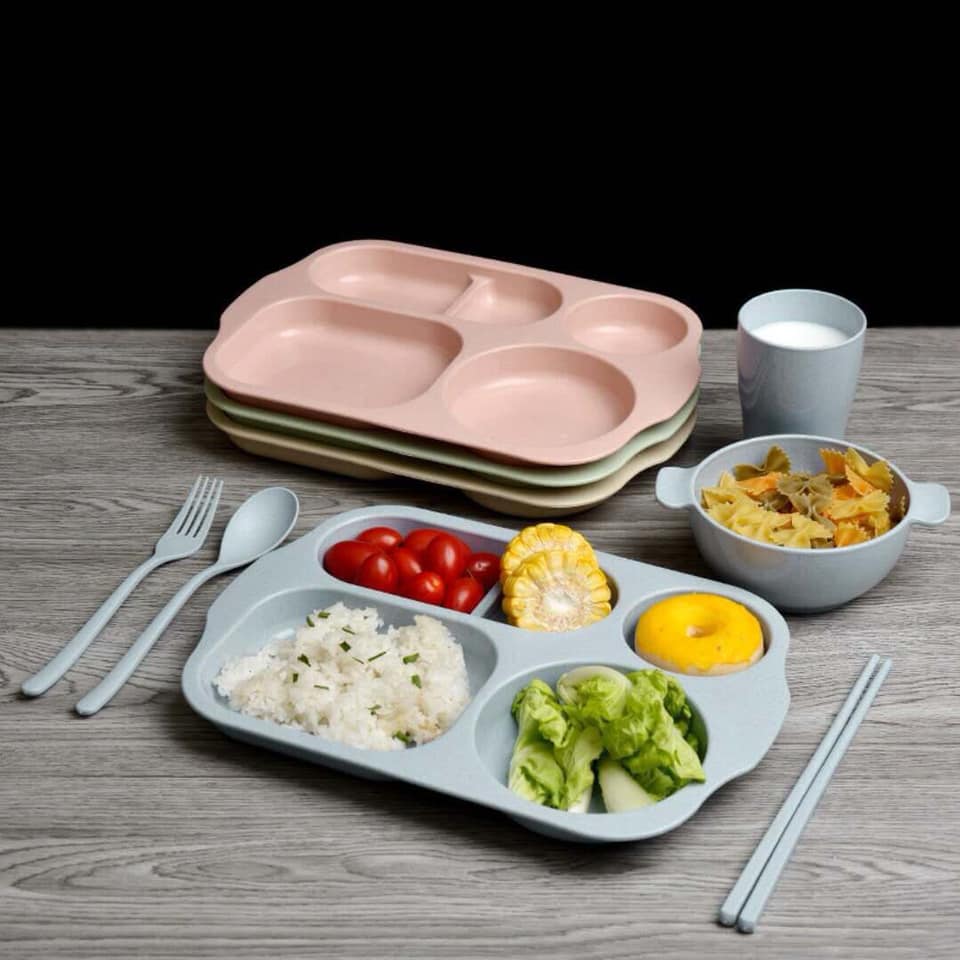 Bộ khay ăn dặm 6 món bằng lúa mạch gồm cốc, khay, bát ăn, đũa, thìa, dĩa cho bé