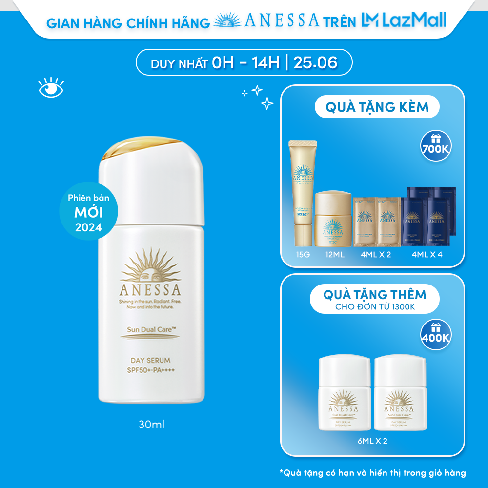 [0H-14H 25.6 | QUÀ 700K] Bộ Serum Chống Nắng Dưỡng Da Nâng Tông Anessa Day Serum SPF50+ PA++++ 30ml + (Sachet) Serum dưỡng da và phục hồi da sau nắng Anessa Night Sun Care Serum 4ml x4