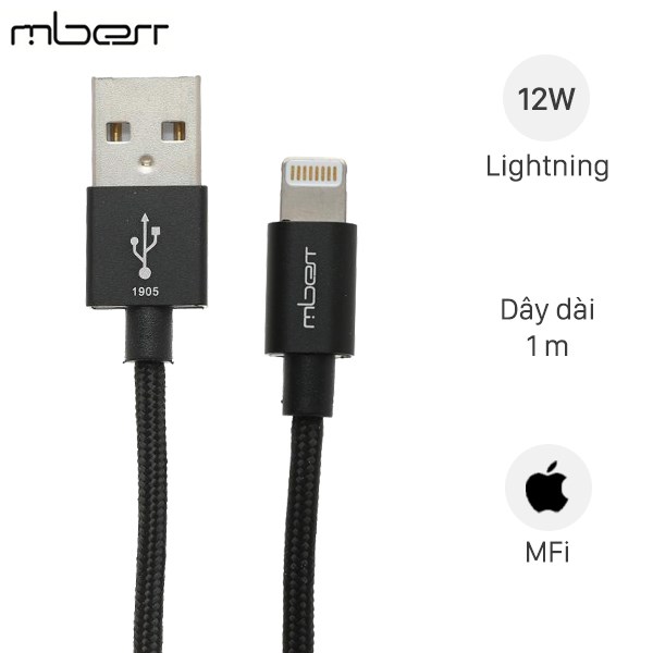 Cáp lightning mfi 1 m mbest ds641-wb đen