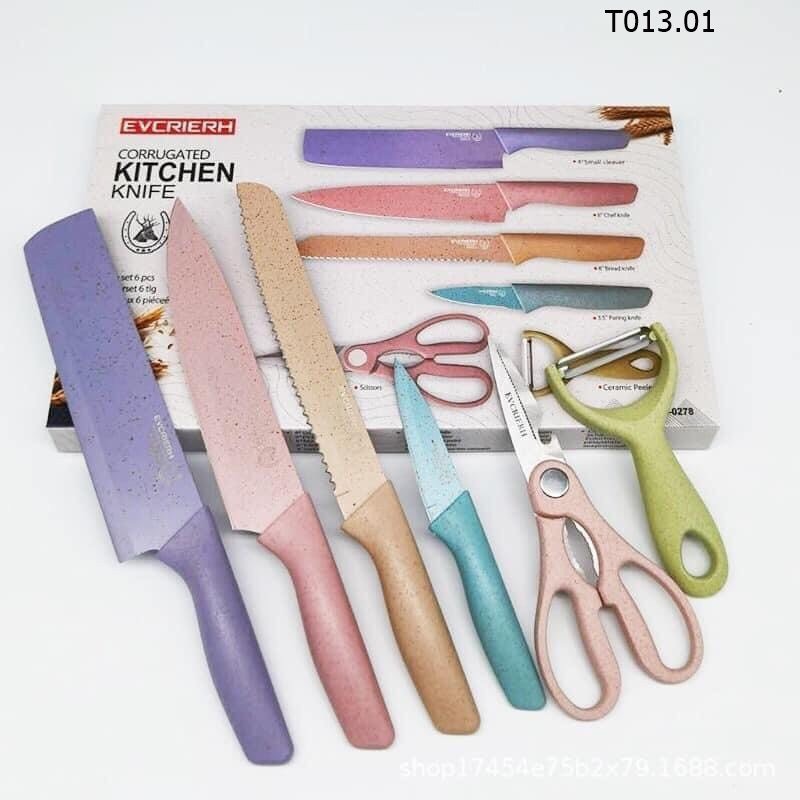 Bộ dao kéo everrich kitchen lúa mạch 6 món kháng khuẩn, chất liệu thép không gỉ cao cấp siêu sắc