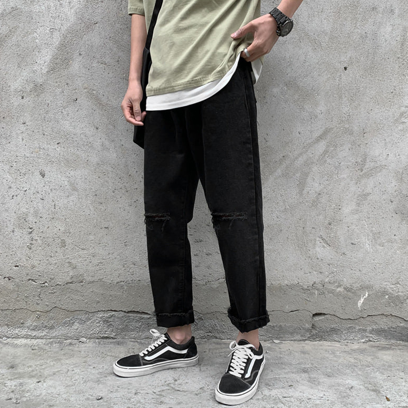 Quần Baggy Bò Nam Đen Rách Gối Ống Rộng Suông Dáng Đứng Vừa Vặn Chất Vải Jeans Co Giãn Nhẹ Cạp Cao Cá Tính