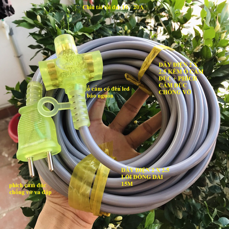 Dây điện 15m lõi đồng 2 x 2.5 + ổ cắm đúc có đèn báo sáng + phích cắm không vở - siêu chặt - siêu bền