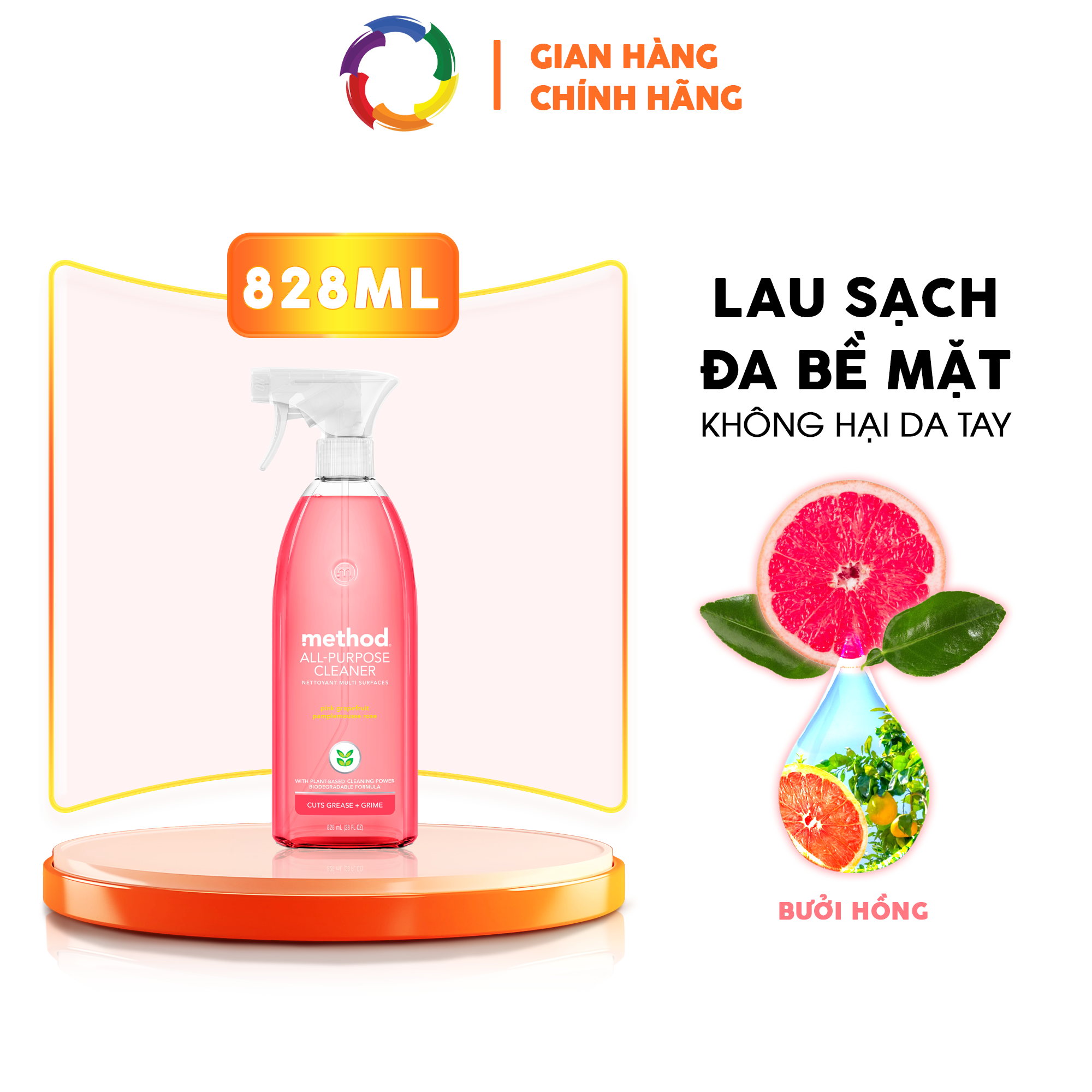 Nước Xịt Đa Năng Method Tinh Dầu Bưởi Hồng, Lau Sạch Mọi Bề Mặt An Toàn Cho Da 828ml