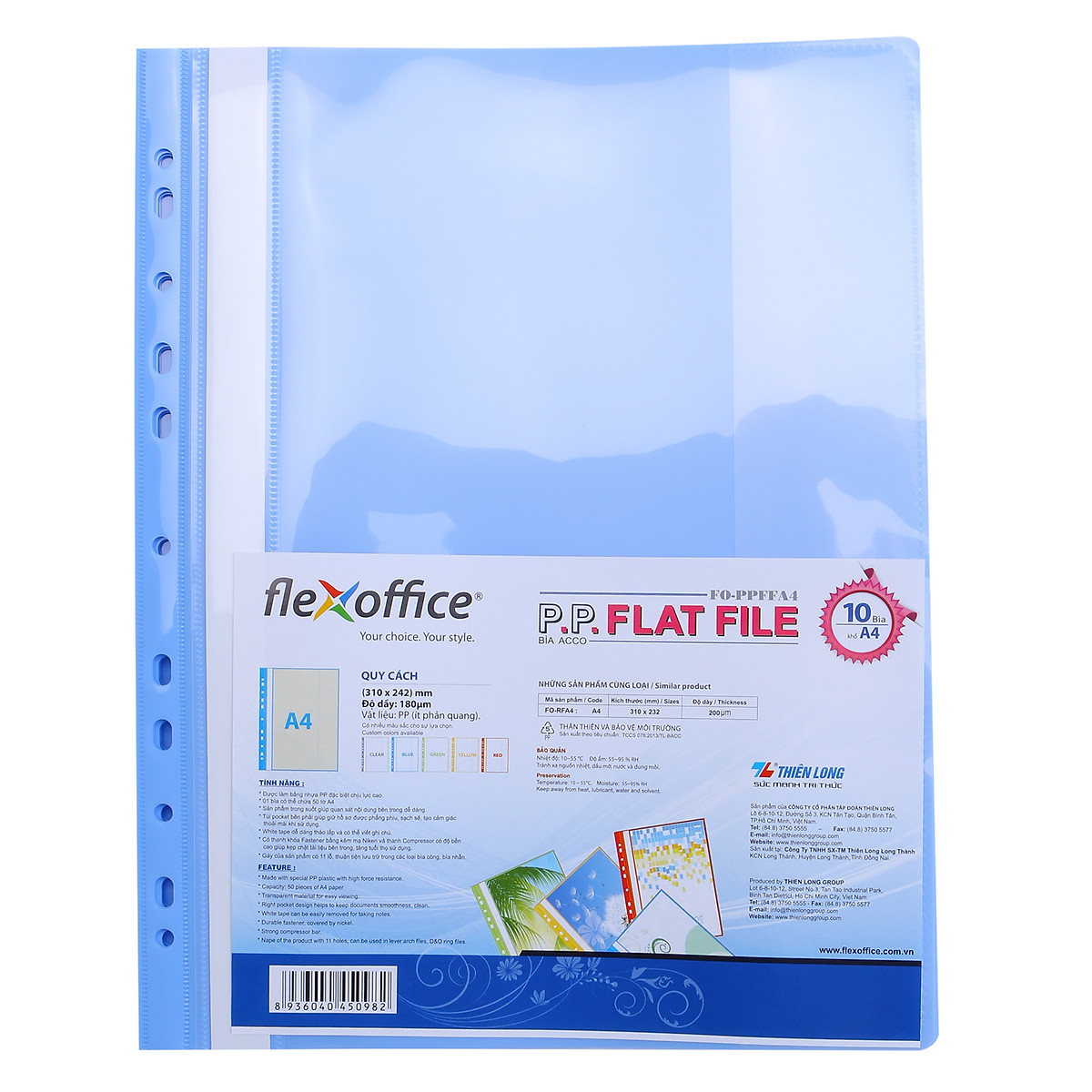 Tập 10 bìa acco Thiên Long Flexoffice đục lỗ ở gáy