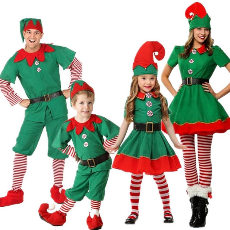 Christmas Elf Costume Set Adults Kids Autumn Winter Holiday Elf Suit Elf Dress Clothes Outfit for Christmas Halloween Cosplay Party thrifty