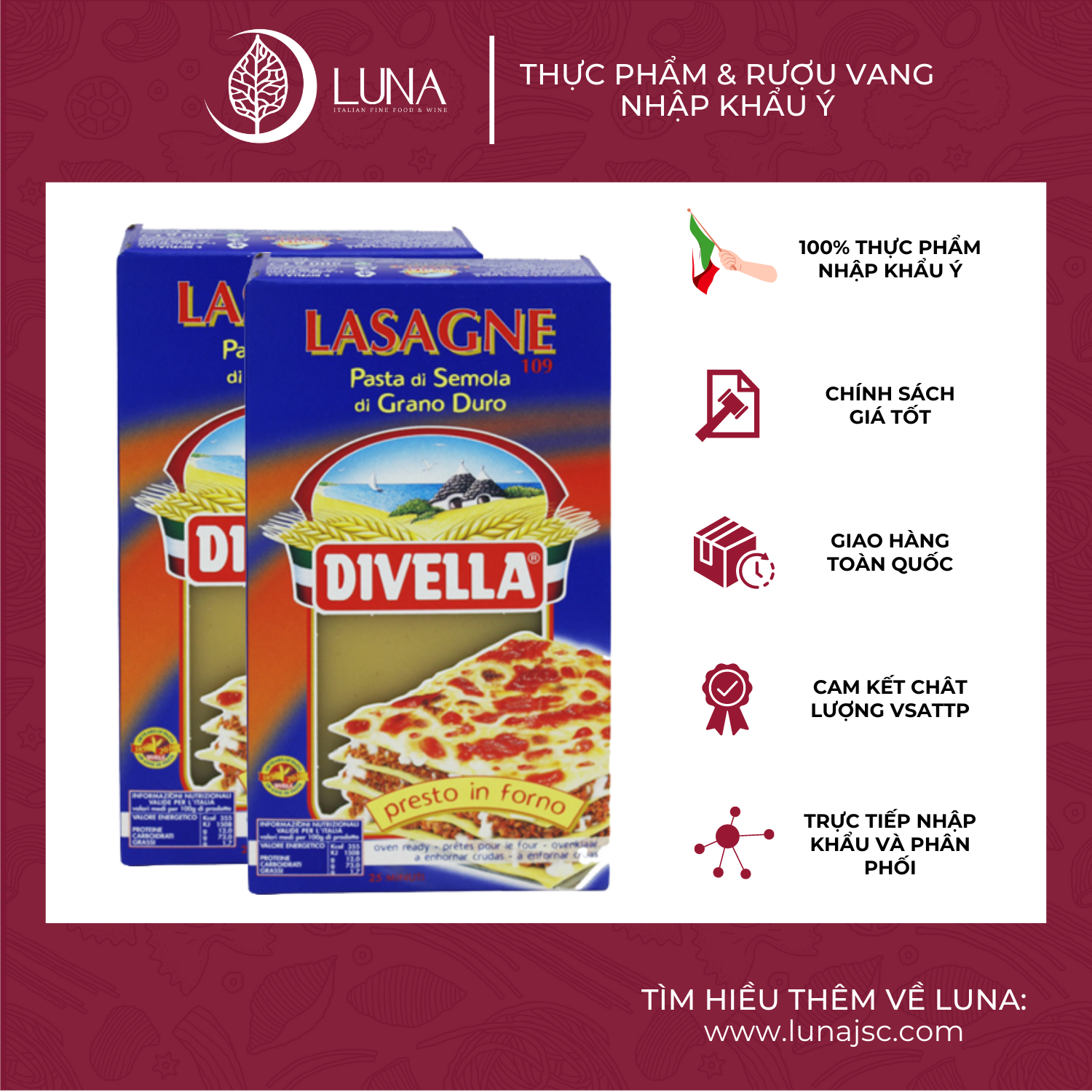 [COMBO x2 GIÁ TỐT] Mì Ý Lasagna DIVELLA hộp 500g [Mỳ Ý Pasta Chính Hãng]