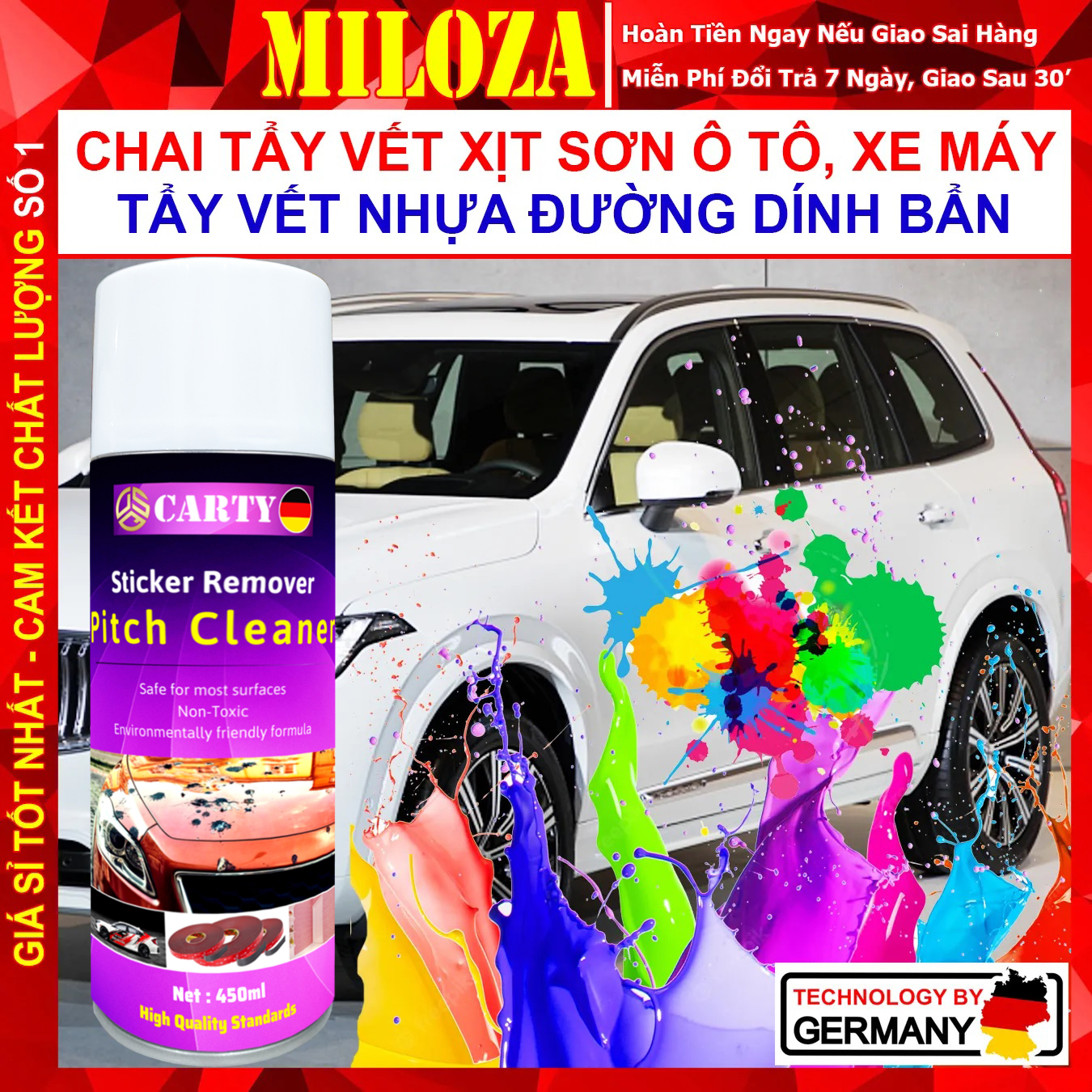 Dung Dịch Tẩy Sơn Ô tô Xe Máy - Làm Sạch Bụi Sơn, Sơn Phun Màu, Nhựa Đường, Nhựa Cây, Băng Dính - CARTY Pitch Clean - MILOZA