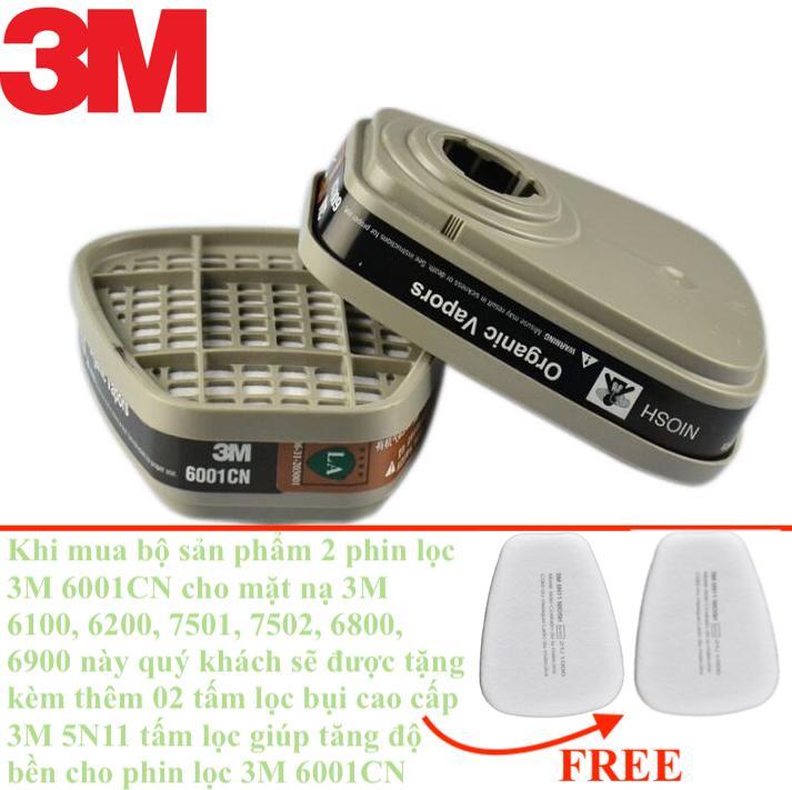 Bộ 2 phin lọc hơi 3M 6001CN cao cấp 100% than hoạt tính tự nhiên thanh lọc, khử độc tố cực mạnh, phin lọc dùng cho các dòng seri mặt nạ lọc 3M 6200., 6100, 3M 7502, 7501, 3M 6800 (Được tặng thêm 02 tấm lọc 3M 5N11 giúp tăng độ bền cho phin lọc)