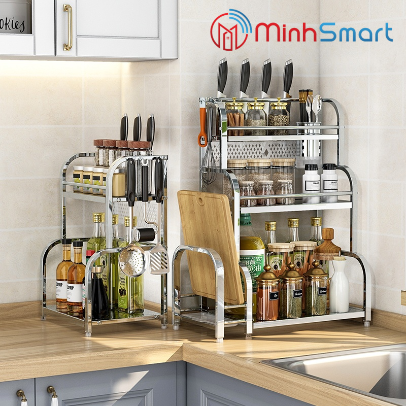 Kệ gia vị inox, kệ gia vị 2,3 tầng inox, kệ đựng gia vị, kệ gia vị đa năng, kệ gia vị kèm khay để thớt, cắm dao