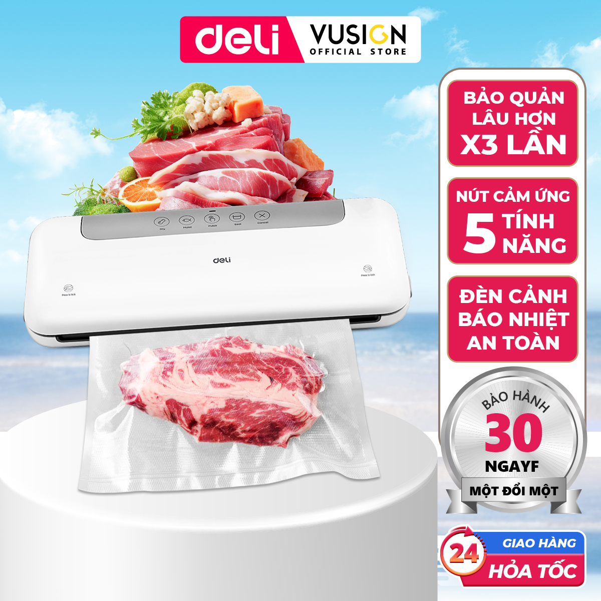 Máy Hút Chân Không Deli Hút Tự Động Hàn Miệng Túi Lực Hút Mạnh Bảo Quản Thực Phẩm Tươi Lâu Hơn 3 Lần