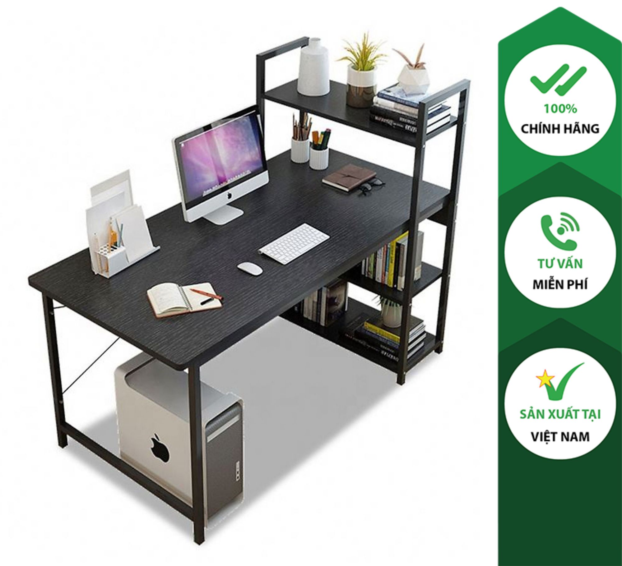 Bàn Làm Việc Chân Sắt HAJI Phun Sơn Tĩnh Điện Thông Minh Kèm Kệ Sách - GM12 full đen