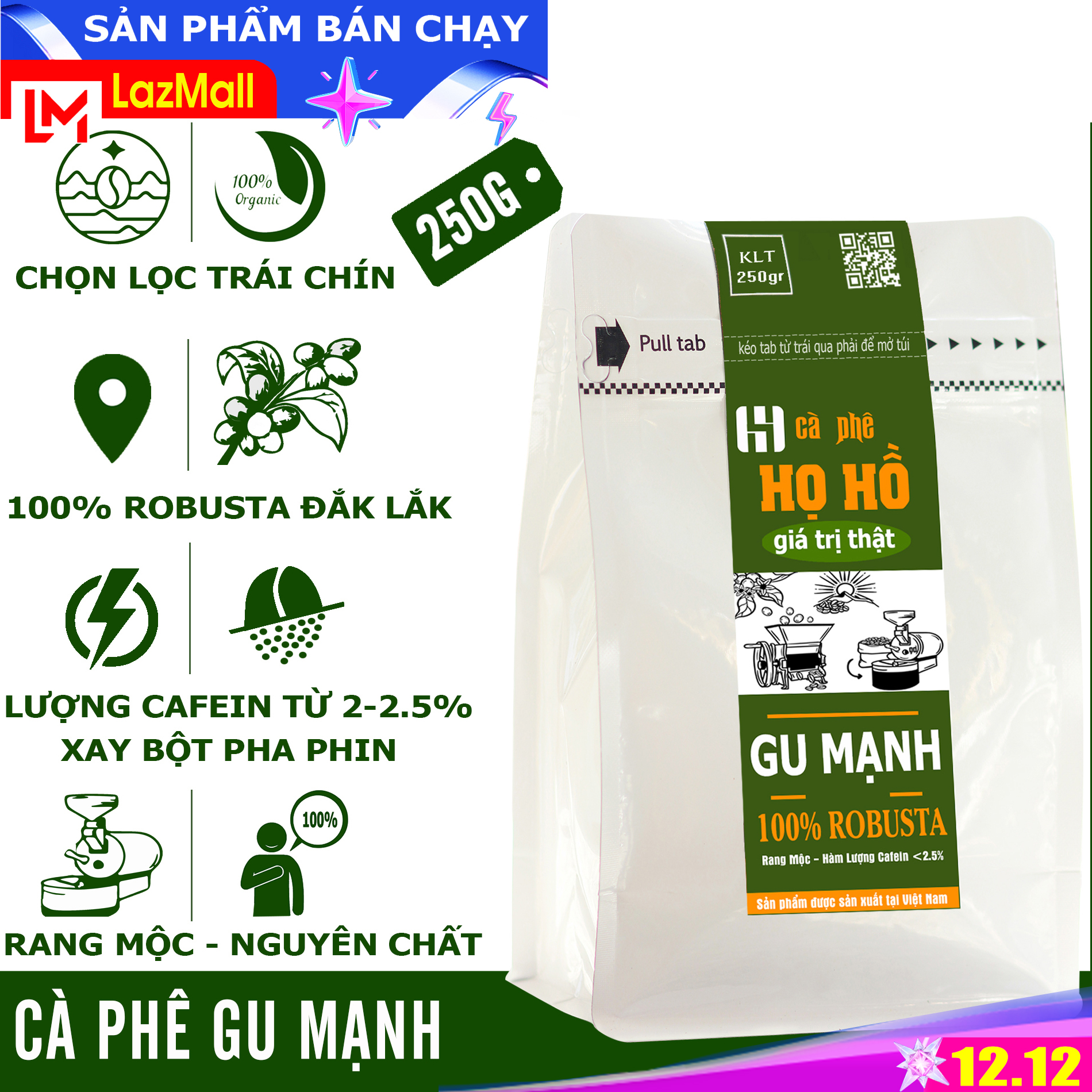 [Gu Mạnh] Gói 250g Cà phê rang xay pha phin Gu Mạnh - rang mộc nguyên chất dùng pha phin- đậm đắng mạnh mẽ cafein cao - cafe robusta thương hiệu cà phê Họ Hồ - TOP BÁN CHẠY TẾT 2022
