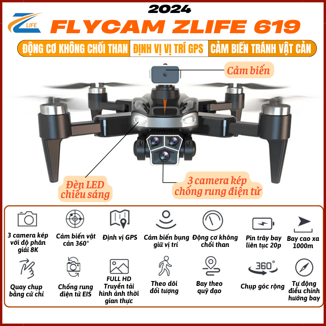 Flycam Mini Giá Rẻ Bay Tốt Zlife Z619 / Z610 Định Vị GPS 3 Camera 8K Bay Xa 1000m Pin Trâu Động Cơ Không Chổi Than- Drone FPV- Máy Bay Camera Quay Phim Chụp Ảnh -Plycam Điều Khiển Từ Xa 4 Cánh Có Cảm Biến Va Chạm_CHÍNH HÃNG