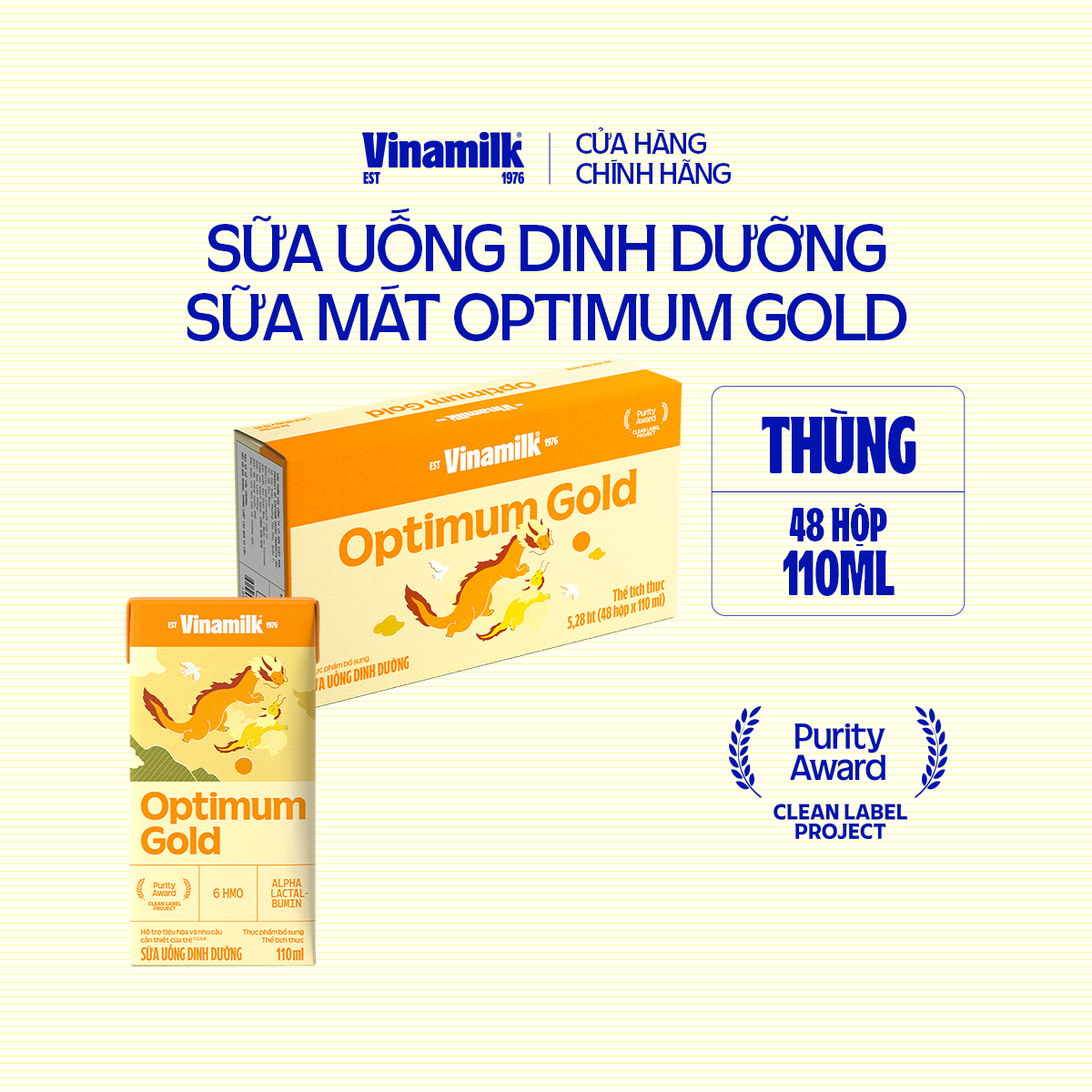 Thùng 48 hộp sữa bột pha sẵn Vinamilk Optimum Gold 110ml - Sữa nước hỗ trợ phát triển toàn diện, chất lượng quốc tế (Sữa dành cho trẻ em trên 1 tuổi)