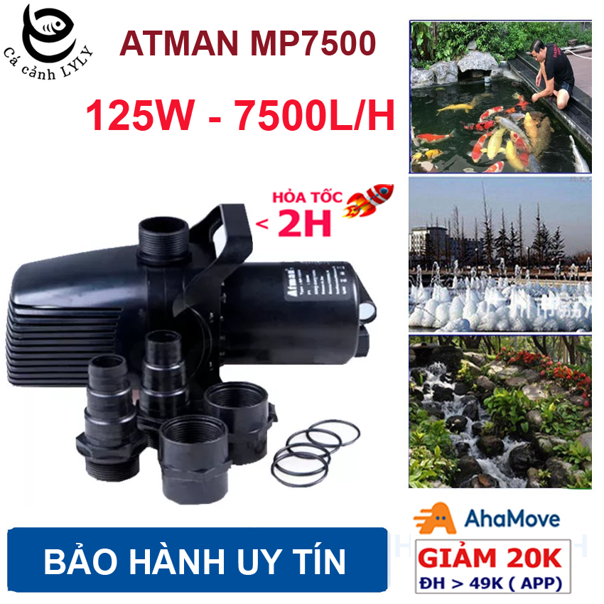 Máy bơm nước atman mp7500 125w 7500l/hr cao cấp dùng bơm lọc nước hồ bể cá cảnh, hồ koi, hòn non bộ. bh uy tín