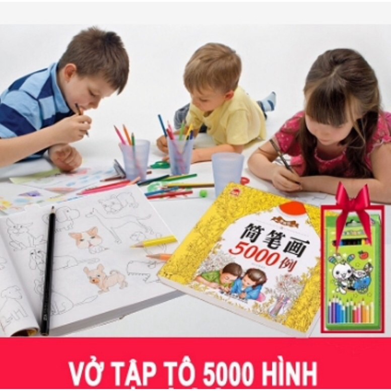 Sách tập tô 5000 hình kèm 12 bút chì màu cho bé