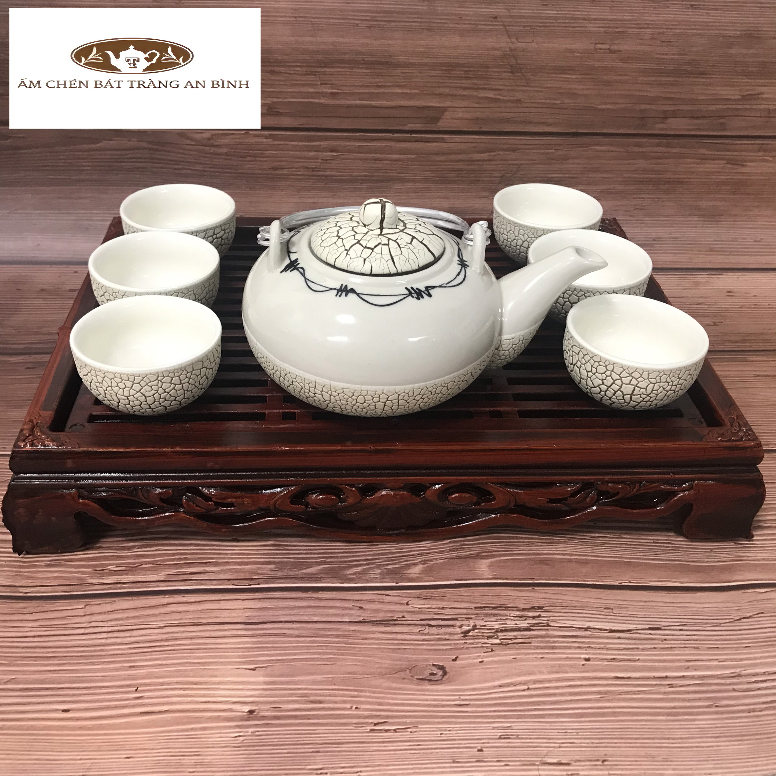 Bộ ấm chén kèm Khay Bát Tràng men Rạn Tròn Trắng