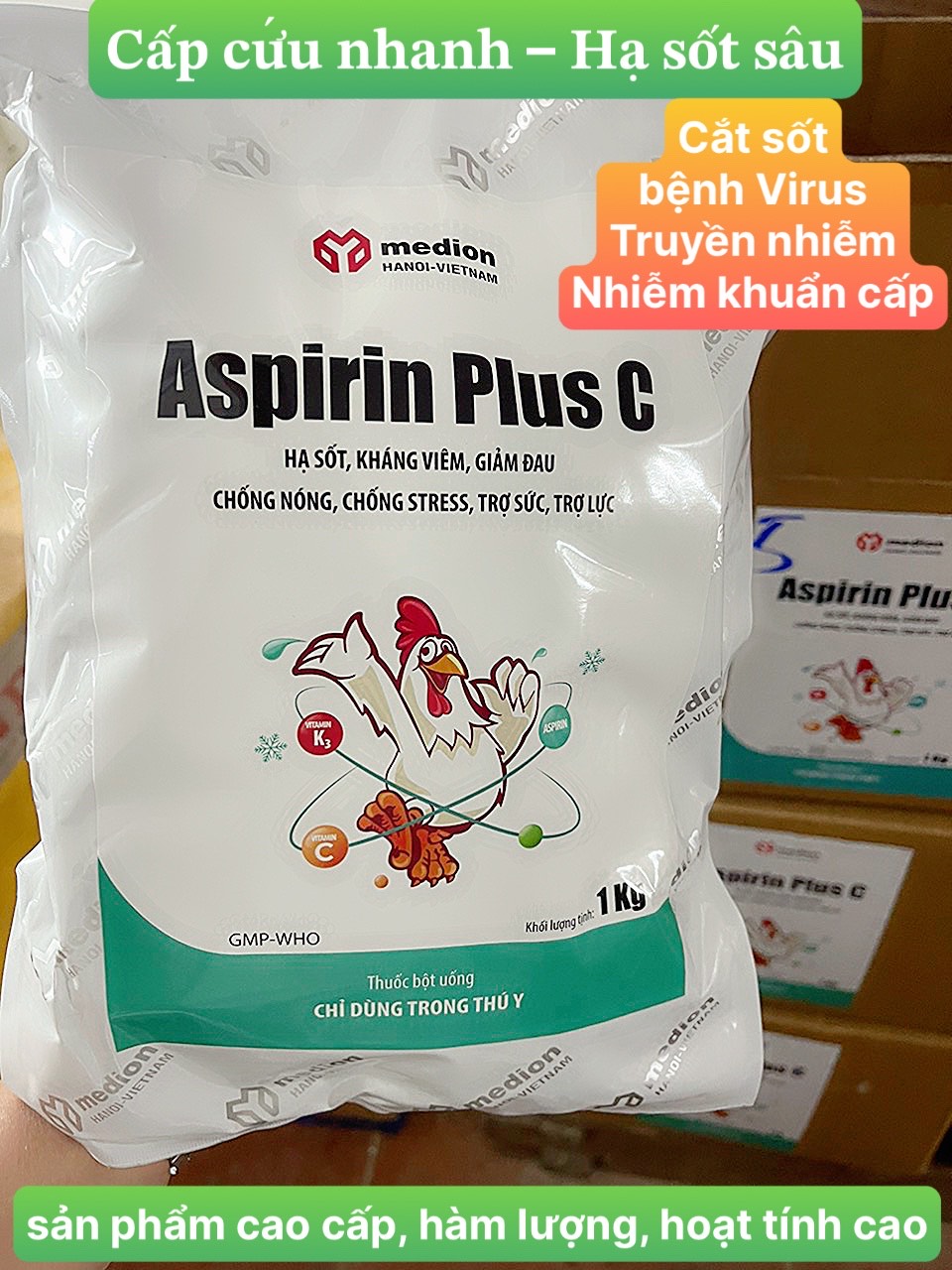 Hạ sốt vật nuôi ASPIRIN PLUS C hàm lượng và hoạt tính cao ngắt sốt tức thì. 1 gói 1Kg dùng được 10 tấn thể trọng vật nuôi. An toàn lành tính hơn nhiều Para C hay Anagin dùng trong chăn nuôi thú y