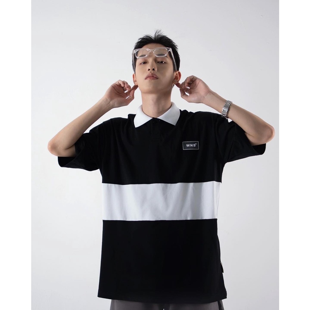 Áo thun polo wns tem su có cổ màu đen và trắng form rộng - vải da cá - shop maylan