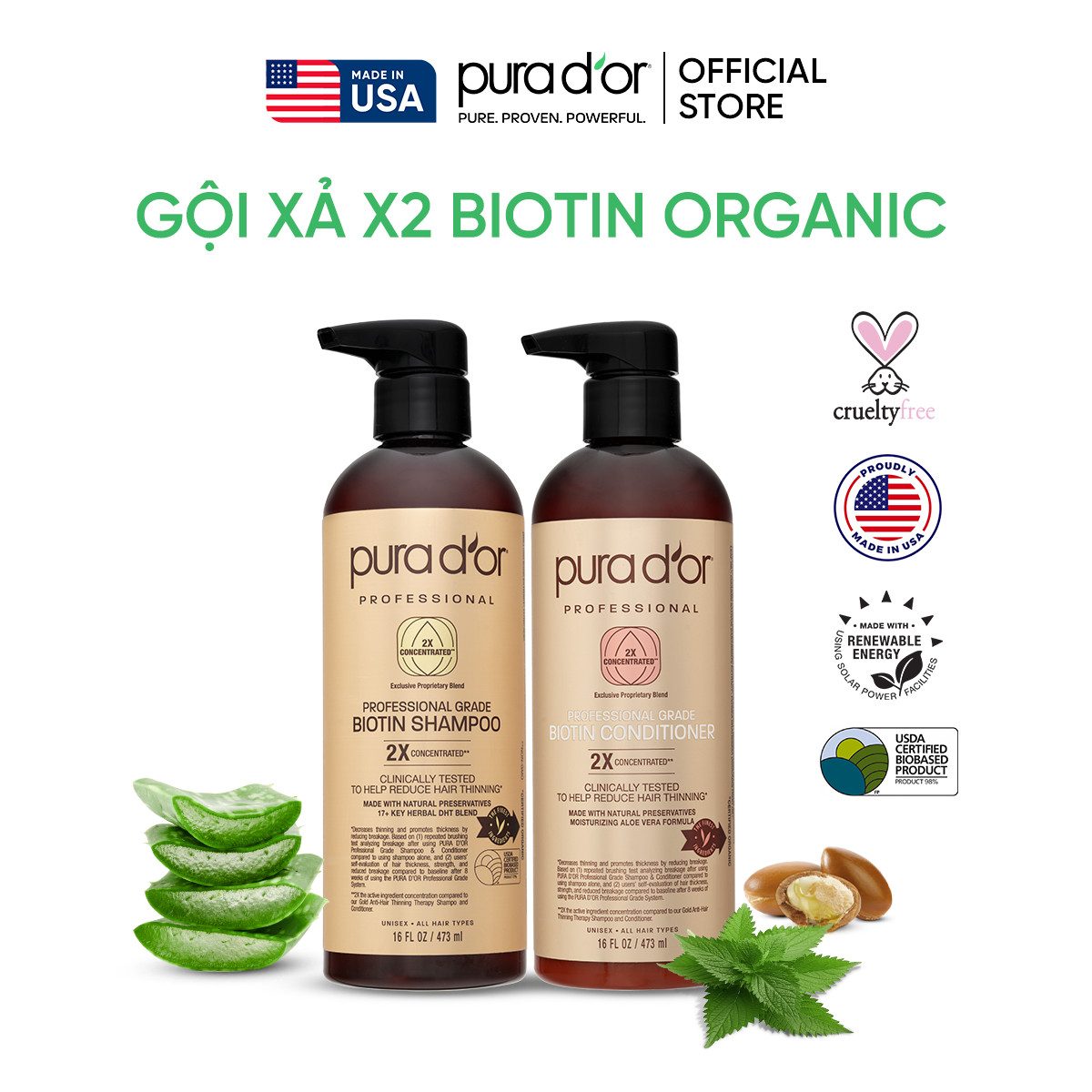 Combo dầu gội, dầu xả biotin 2x professional grade 473ml organic- phục hồi hư tổn,giảm rụng, dưỡng chuyên sâu pura dor